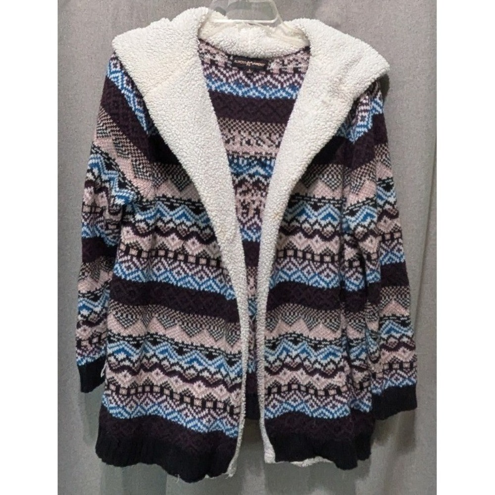 Almost Famous Cardigan Womens Large Purple Fair Isle Sherpa Lined Hooded Good
